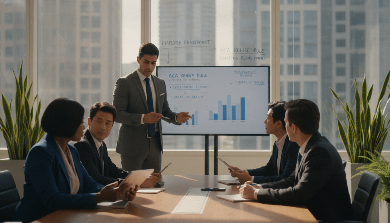 A professional office environment depicting a diverse group of staffing professionals engaged in a discussion about employee rehires. In the foreground, two focus characters: a middle-aged Black woman in a smart blazer, reviewing documents on a tablet, and a young Hispanic man in a tailored suit, pointing at a whiteboard with flowcharts. In the middle ground, additional team members are seated at a conference table, taking notes and looking attentively at a presentation. The background features large windows with natural light streaming in, casting a warm glow, plants in corners adding freshness. The atmosphere is collaborative and serious, underpinned by a sense of urgency and professionalism, representing the nuances of the ACA rehire rule for staffing reinstatement. Soft focus for an engaging depth-of-field effect.