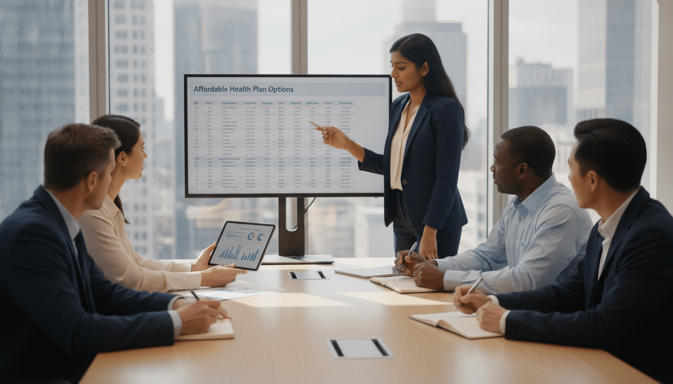 A diverse group of professionals in a modern office setting, seated around a large conference table, actively discussing employee health benefits. In the foreground, a South Asian woman in a smart blazer is pointing at a chart showing affordable health plan options, while a middle-aged Black man in a button-up shirt takes notes. In the middle ground, a Hispanic woman in professional attire is analyzing a document filled with graphs and statistics related to employee premiums. The background features windows with a cityscape view, bringing in natural light that highlights the engaged expressions of the participants. The mood is collaborative and focused, emphasizing the importance of affordable health strategies for employees. The composition is well-lit, creating a professional and inviting atmosphere.