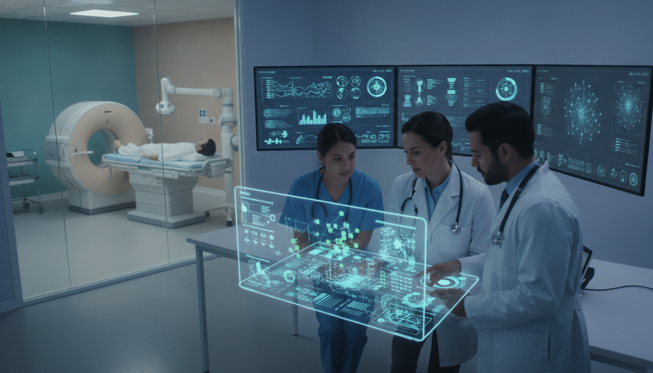 A modern healthcare setting showcasing AI decision support systems in action. In the foreground, a diverse group of healthcare professionals—two doctors and a nurse—are attentively examining a digital tablet displaying interactive AI-generated patient data and treatment suggestions. Their expressions reflect focus and collaboration, dressed in professional attire. The middle ground features a sleek, high-tech workstation filled with monitors showing visual analytics, charts, and patient outcomes, illuminated by soft, ambient lighting. In the background, a clinical room with advanced diagnostic equipment and calming colors underscores a professional atmosphere. The overall mood is one of innovation and teamwork, with a sense of trust in technology’s role in enhancing patient care.