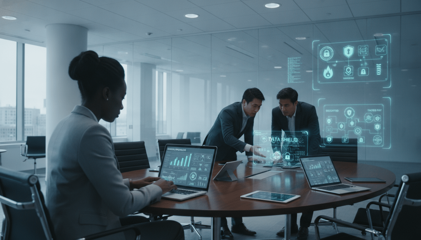 A modern office environment showcasing a diverse group of professionals analyzing payroll technology and ensuring data security. In the foreground, a focused businesswoman in smart attire, reviewing payroll data on her laptop, with charts and graphs visible on the screen. The middle layer features two male colleagues discussing strategies at a sleek conference table, surrounded by digital devices displaying data analytics and security protocols. The background reveals a glass wall decorated with digital security icons and infographics. The lighting is bright and professional, emphasizing clarity and focus. Use a wide-angle lens to capture the collaborative atmosphere, conveying a sense of urgency yet professionalism, illustrating the challenges staffing agencies face in managing payroll efficiently and securely.