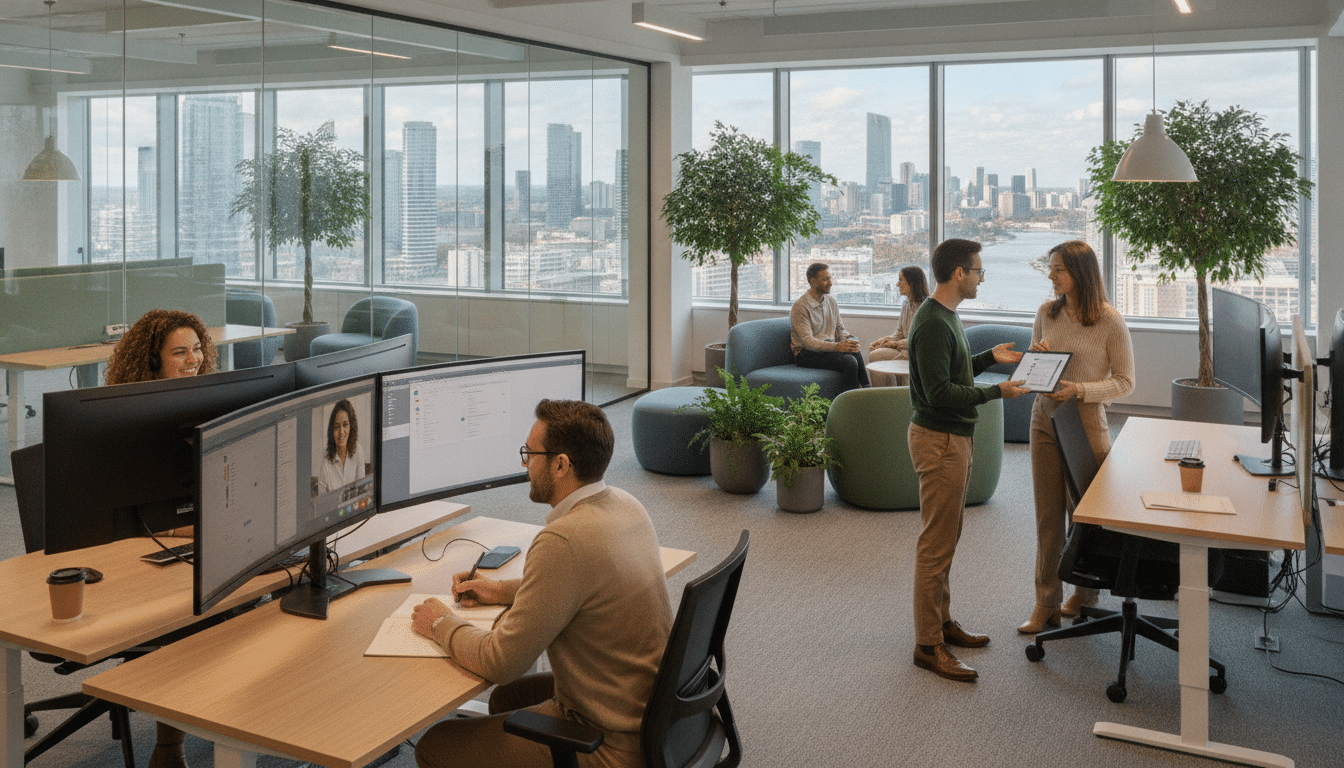 A modern call center environment reflecting flexible work arrangements. In the foreground, a diverse group of professionals, wearing smart casual clothing, are working at adjustable desks with dual monitors. One employee on a video call, another taking notes, and a third enthusiastically discussing ideas with a colleague via a tablet. In the middle ground, a cozy lounge area with comfortable seating and greenery, where some employees engage in casual conversations. In the background, glass walls display a bright, open office space filled with natural light filtering through large windows, showcasing city views. The atmosphere is relaxed yet focused, illustrating a supportive, collaborative work culture. Soft, warm lighting enhances the inviting mood.