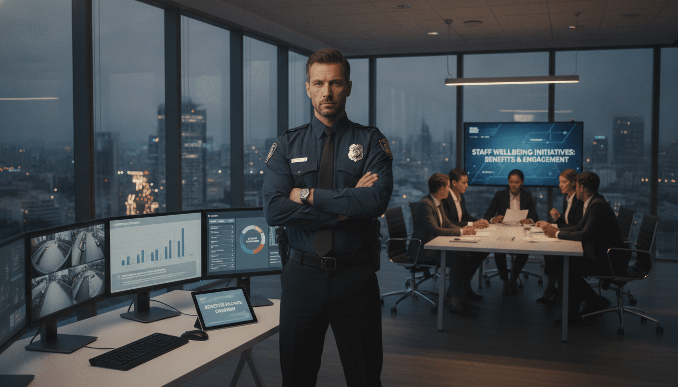 A professional security guard standing confidently with arms crossed, showcasing a focused expression, positioned in a well-lit, modern security office. In the foreground, a neatly arranged desk with security monitoring screens and employee retention statistics. In the middle, a large window reveals a bustling cityscape, symbolizing a dynamic work environment. In the background, diverse team members in professional attire collaborate around a conference table, discussing benefits packages and employee engagement strategies. The lighting is warm and inviting, casting soft shadows. The atmosphere conveys a sense of security, teamwork, and dedication to employee well-being. The image captures the importance of benefits in retaining security personnel, emphasizing a professional and supportive workplace.