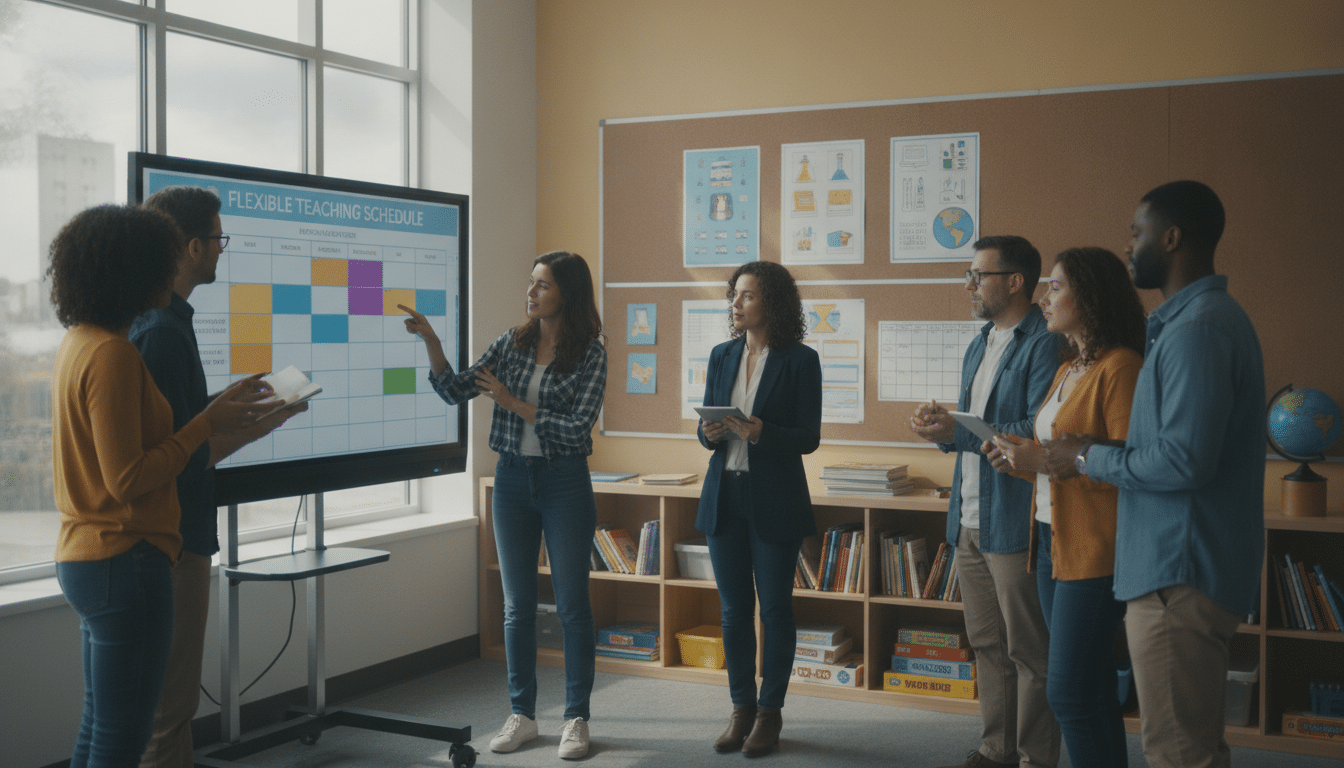 A bright, modern classroom filled with natural light streaming through large windows. In the foreground, a diverse group of professional-looking substitute teachers are gathered around a large, flexible schedule displayed on a smartboard, engaging in discussion. Some are taking notes, while others are pointing at different time slots, illustrating the concept of customizable teaching schedules. The middle ground features colorful charts and calendars depicting various subjects and timeframes. In the background, shelves are stocked with teaching resources and educational materials, conveying a vibrant learning environment. The atmosphere is collaborative and positive, emphasizing flexibility in scheduling as an appealing benefit for educators. Shot with a 50mm lens to create a warm, inviting perspective, with soft, diffused lighting to enhance the mood of professionalism and teamwork.