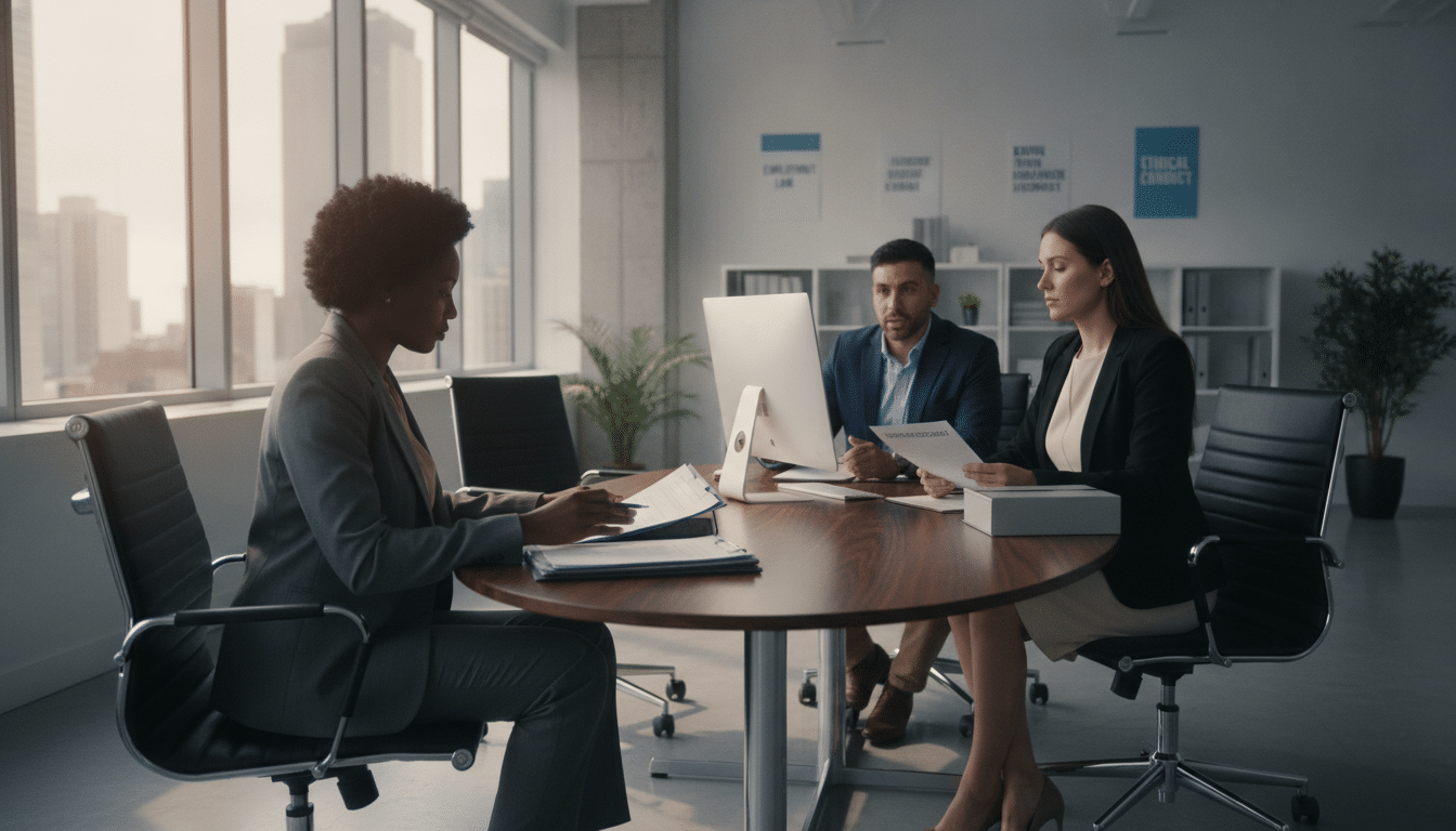 A modern office environment, focusing on a diverse group of professionals engaged in an offboarding procedure. In the foreground, a Black female HR manager in a tailored business suit is reviewing compliance documents at a sleek conference table, illuminated by soft, natural light from large windows. In the middle ground, a Hispanic male consultant in a smart casual outfit discusses benefits with a departing employee, who is a Caucasian woman dressed in business attire, appearing attentive as she holds a checklist. The background shows a minimalist office decor with legal books and compliance posters subtly displayed on the walls. The overall atmosphere is serious yet supportive, emphasizing professionalism and compliance in the offboarding process. The image captures the essence of legal considerations in staffing agency offboarding.