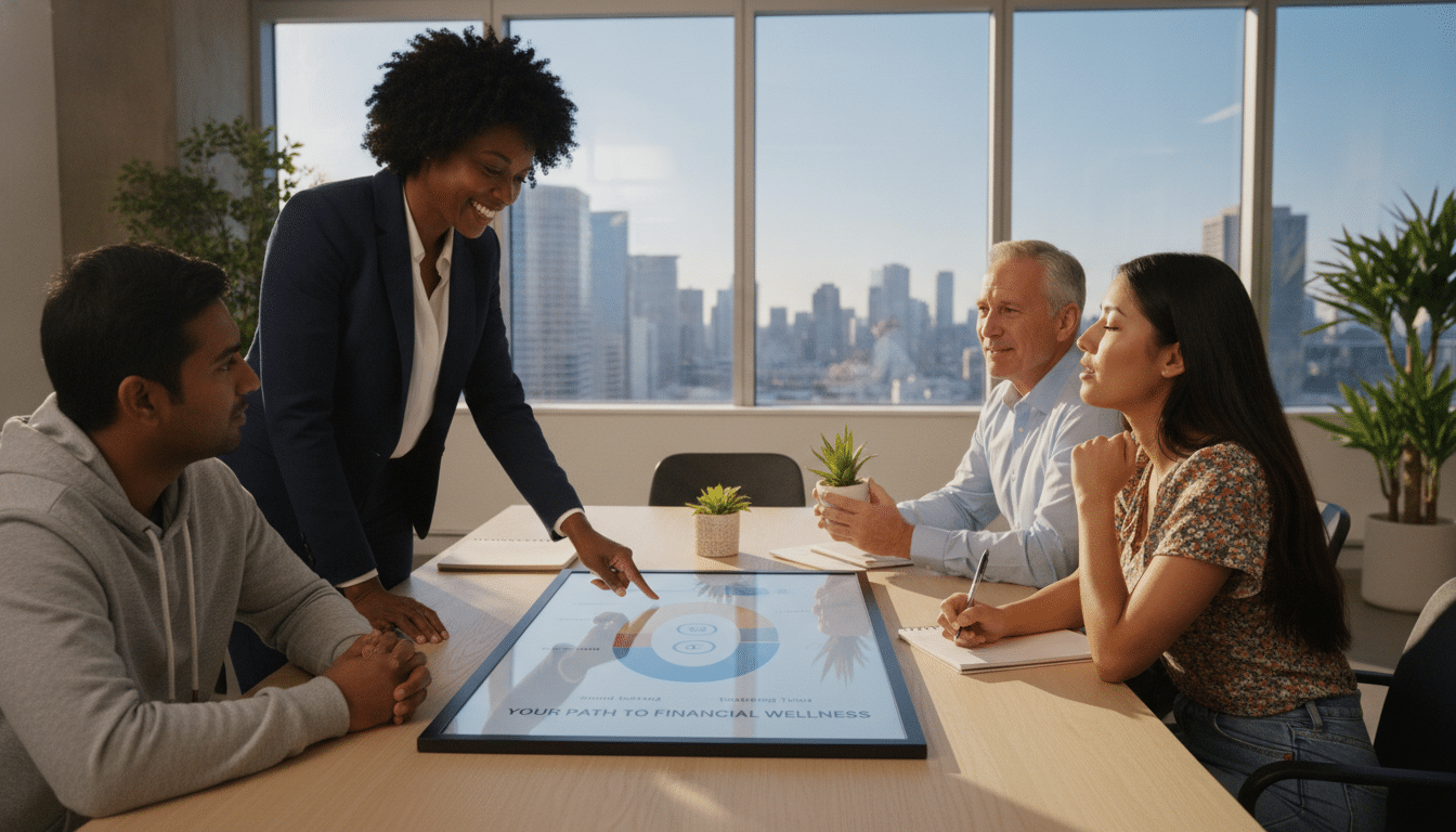 A diverse group of hourly workers gathered around a table in a bright, modern office setting, sharing success stories of financial wellness. In the foreground, a middle-aged woman in a professional business outfit enthusiastically points at a colorful financial wellness infographic, showcasing tips and tools for managing finances. The middle ground includes two younger workers, one in modest casual clothing, taking notes and nodding in agreement, while a middle-aged man in a dress shirt smiles, holding a small plant symbolizing growth. The background features large windows letting in natural light, with a cityscape view. The atmosphere is collaborative and inspirational, with warm colors and soft lighting creating a friendly environment that promotes learning and positivity.