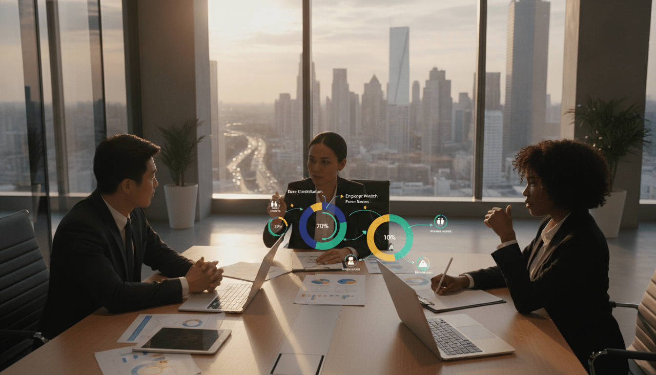 A professional setting illustrating the concept of "percentage premium contribution." In the foreground, a diverse group of three business professionals, dressed in smart business attire, are engaged in discussion around a table with laptops and charts. The middle layer features clear, visually appealing graphs representing diverse percentage contributions, highlighted with vibrant colors and arrows to indicate growth and benefits. In the background, there’s a bright office environment with glass windows showing a modern city skyline, symbolizing progress. The lighting is warm and inviting, creating a positive atmosphere, with soft shadows casting over the table. The angle is slightly overhead, capturing the interaction and focus of the professionals on the graphs.