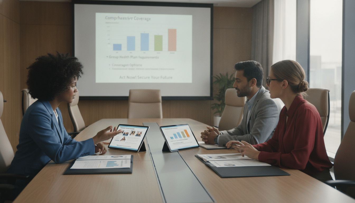 A professional meeting scene focused on health insurance enrollment for staffing employees. In the foreground, a diverse group of three individuals, dressed in smart business attire, are engaged in a discussion with documents and digital tablets showcasing health insurance materials. In the middle ground, a large projection screen displays colorful graphs and information about group health insurance participation requirements, emphasizing clarity and transparency. The background features an elegantly designed conference room with soft, natural lighting filtering through large windows. The atmosphere is collaborative and informative, conveying a sense of urgency and importance in educating clients about health insurance options. The camera angle is slightly elevated, capturing the dialogue and visual aids effectively while ensuring the setting appears professional and inviting.