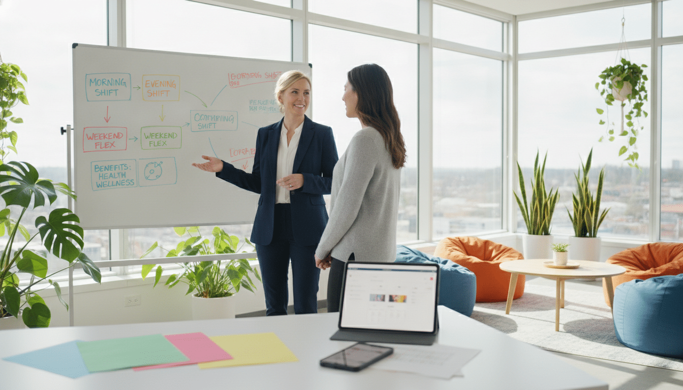 A modern, bright office space with a large window allowing natural light to stream in, showcasing a friendly caregiver discussing flexible scheduling options with a potential employee. In the foreground, a sleek desk is cluttered with colorful calendars and digital devices displaying scheduling apps. The caregiver, dressed in professional business attire, gestures towards a whiteboard filled with diagrams of various shifts and benefits. In the middle, plants add a touch of warmth and comfort to the space, creating a welcoming atmosphere. The background reveals a cozy break area with soft seating, encouraging collaboration. The mood is optimistic and supportive, emphasizing innovation in caregiver scheduling amidst a seamless blend of professionalism and comfort.