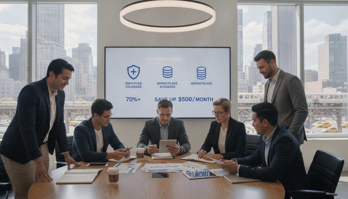 A professional office setting filled with natural light, highlighting an open, collaborative space. In the foreground, a diverse group of temporary workers, dressed in smart casual attire, engage in a discussion around a table with documents detailing health plan offers spread out around them. The middle ground shows a large digital display board presenting a simplified infographic of employer coverage benefits and marketplace subsidies. In the background, large windows reveal a bustling urban environment, symbolizing opportunity. The overall mood is one of optimism and collaboration, emphasizing the importance of employer health plans in supporting temporary workers. Soft shadows from overhead lighting add depth and warmth to the scene. The image captures a moment of active engagement and professional connection in a modern business atmosphere.
