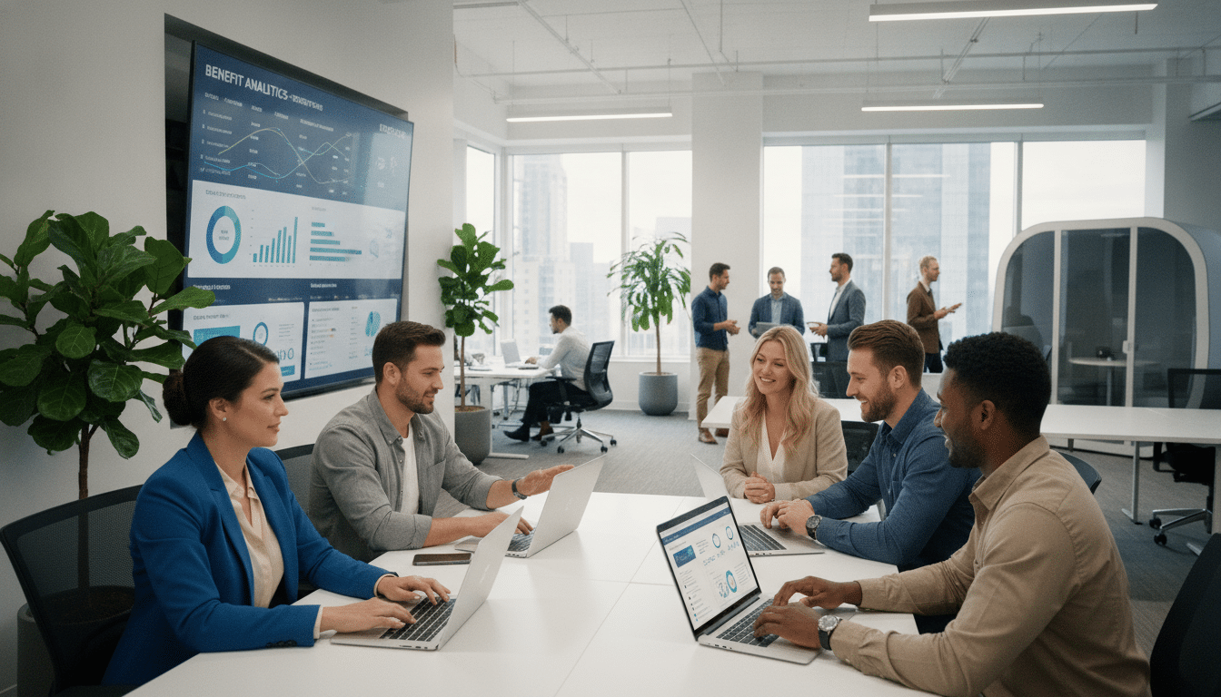 A modern office environment showcasing benefits administration software specifically designed for staffing firms. In the foreground, a diverse group of professionals, including a woman in a smart blazer and a man in casual business attire, are engaged with sleek, high-tech laptops displaying colorful graphs and user-friendly interfaces of the software. The middle layer features a large screen presenting data analytics, while a bustling team workspace includes potted plants and collaborative meeting spaces. In the background, large windows provide natural light, giving the scene an open, inviting feel. The overall atmosphere conveys efficiency, innovation, and teamwork, highlighting technology’s vital role in streamlining benefits management for high-turnover clients.