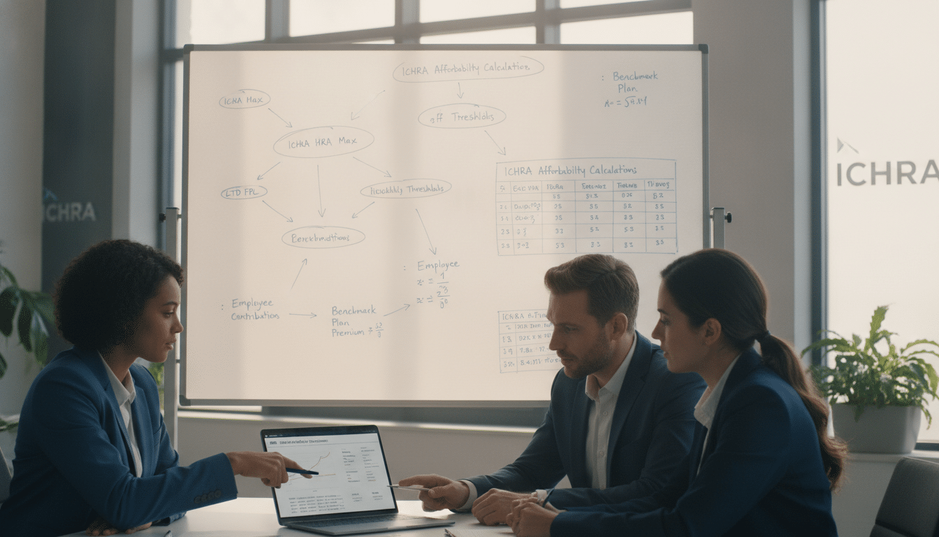 A professional business setting illustrating the concept of "ICHRA affordability calculation." In the foreground, a diverse group of three professionals, two women and one man in tailored business attire, are engaged in a discussion over a laptop displaying a visual graph with numerical data. In the middle, a whiteboard filled with diagrams and flowcharts related to ICHRA affordability, highlighting key points and calculations. In the background, soft, natural light streams through large windows, creating a bright and inviting atmosphere. The overall mood is serious yet collaborative, emphasizing teamwork and analytical thinking. The angle is slightly elevated, capturing both the professionals' expressions and the details of the whiteboard, ensuring clarity and focus on the topic of affordability determination for ICHRA.