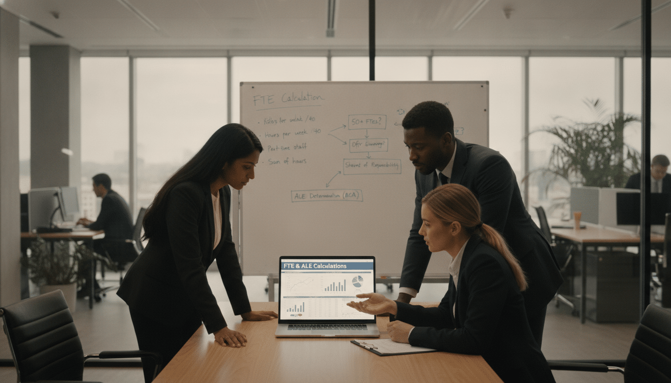 A detailed office setting illustrating the concept of "full-time equivalent employees" (FTE) with an emphasis on ALE calculation. In the foreground, a diverse group of three professionals in business attire are gathered around a large conference table, analyzing charts and spreadsheets on a laptop, symbolizing teamwork and collaboration. The middle ground features a whiteboard filled with graphs and calculations, depicting key numbers and formulas related to FTEs and ALEs. In the background, a modern office space with large windows allowing natural light to fill the room, giving a bright and conducive atmosphere for discussion. The mood is focused and professional, reflecting the important decisions being made regarding employer status under the ACA. The camera angle is slightly above the table, capturing the interaction among the team with a shallow depth of field for a clear focus.