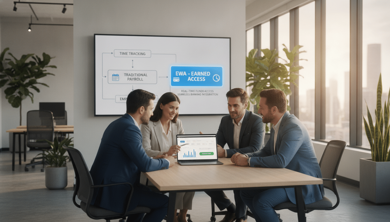 A modern office setting showcasing a seamless integration of earned wage access (EWA) into existing payroll systems. In the foreground, a diverse group of four professionals in business attire, two men and two women, engaged in a collaborative discussion over a laptop displaying financial software. In the middle, a large wall screen illustrating flowcharts and diagrams of payroll processes, visually representing EWA integration. The background features sleek office furniture, potted plants, and bright, natural light coming through large windows, creating an inviting atmosphere. The focus is on teamwork, innovation, and clarity in financial solutions. The scene is captured with a wide-angle lens to emphasize the collaborative environment, with warm, soft lighting to enhance the professionalism and positivity of the moment.
