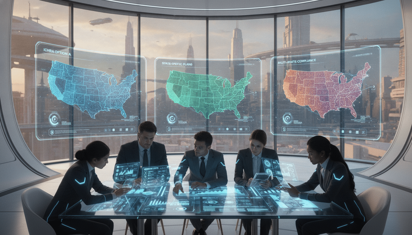 A futuristic office environment showcasing the concept of ICHRA for multi-state employers. In the foreground, a diverse group of professionals, dressed in smart business attire, engages in a dynamic discussion while analyzing digital data on tablets and holographic displays. In the middle, multiple screens exhibit maps of the United States with highlighted regions indicating varying insurance markets, symbolizing the complexity of managing health coverage. The background features sleek, modern architecture with large windows overlooking a vibrant cityscape bathed in soft, warm afternoon light. The atmosphere is one of innovation and collaboration, suggesting optimism and foresight in navigating future trends. The angle should be slightly elevated, capturing both the professionals and the captivating digital landscape.