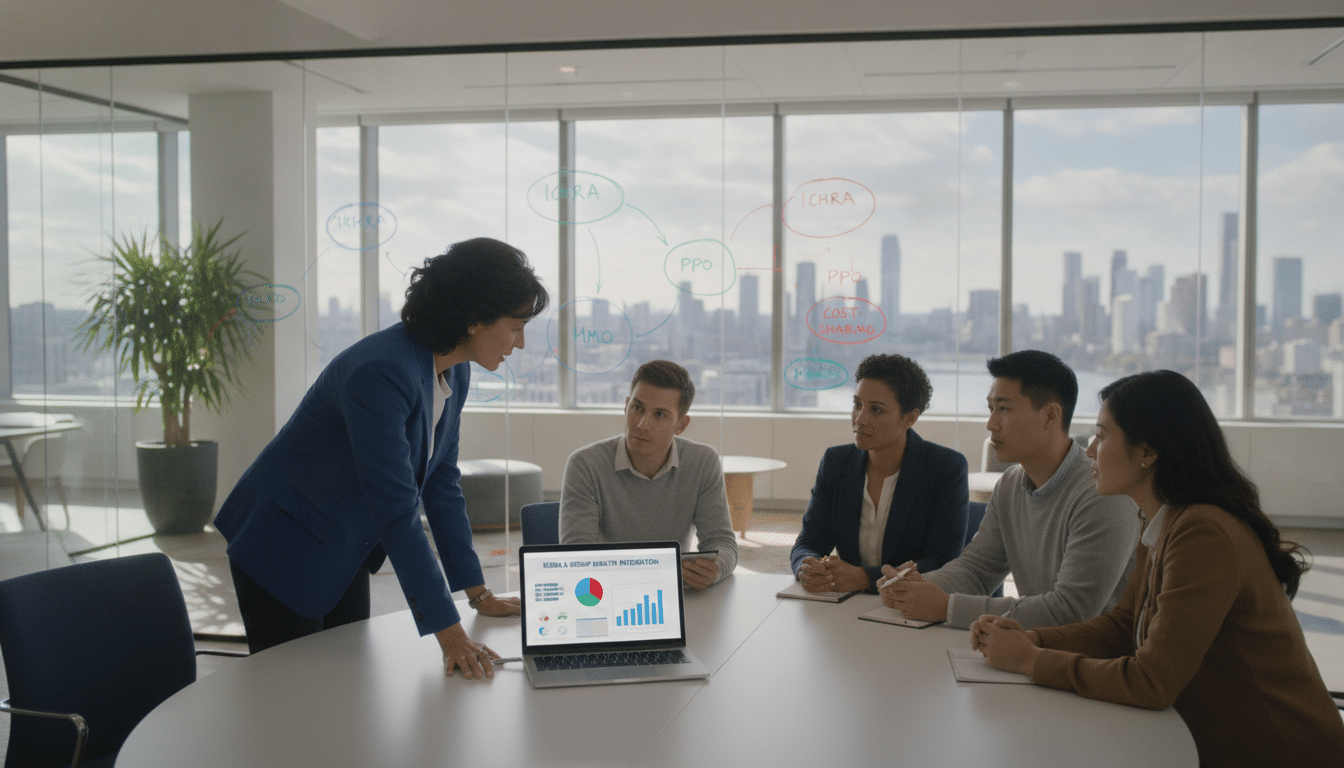 A modern office setting featuring a diverse group of professionals engaged in a collaborative discussion about integrating ICHRA with group health plans. In the foreground, a middle-aged woman in professional attire is pointing at a laptop screen displaying a digital interface of health benefits. Beside her, a young man in a smart, casual outfit is taking notes. In the middle, a large whiteboard filled with colorful diagrams outlines various health plan options. The background includes glass partitions revealing a bright, spacious office with plants and a city view through large windows, conveying a vibrant, collaborative atmosphere. Soft, natural lighting illuminates the space, creating an inviting and productive mood. The angle captures the interaction and focus of the group, emphasizing teamwork and innovation.