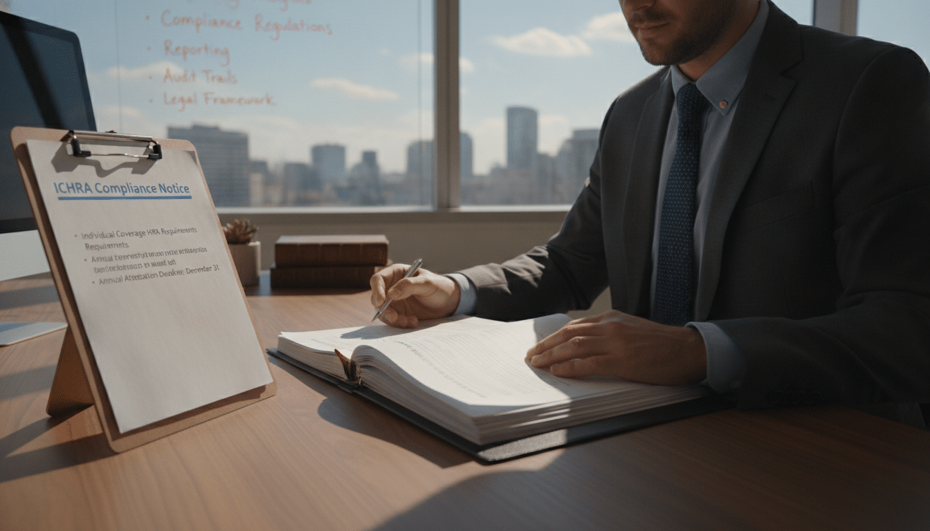 A professional office environment featuring a neatly arranged desk with a clipboard displaying a compliance notice for ICHRA requirements. In the foreground, a well-dressed individual in business attire examines an open folder with documents, emphasizing the importance of compliance. In the middle ground, a large window reveals a bright and sunny day outside, symbolizing clarity and transparency in communication. The background includes a whiteboard filled with organized bullet points regarding compliance regulations, conveying structure and order. Soft, natural lighting filters through the window, casting gentle shadows that create a calm and focused atmosphere. The overall mood is one of professionalism and attention to detail, ideal for illustrating the importance of ICHRA notice compliance.