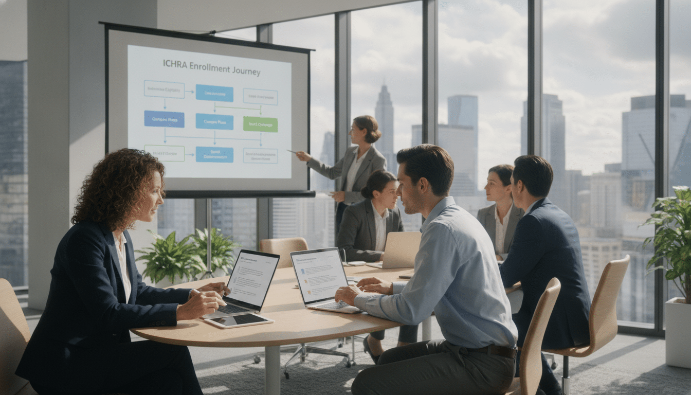 A modern office setting with a diverse group of employees engaged in the ICHRA enrollment process. In the foreground, focus on two employees, one a middle-aged woman and the other a young man, both dressed in professional business attire. They are seated at a sleek conference table, using laptops to review ICHRA information. In the middle ground, a projector displays a clear flowchart of the ICHRA enrollment steps, illustrating various stages. The background features a glass wall showing a cityscape, with natural light streaming in, creating a bright and welcoming atmosphere. The mood is collaborative and focused, emphasizing inclusivity and professionalism, with soft, balanced lighting enhancing the clarity of the scene.